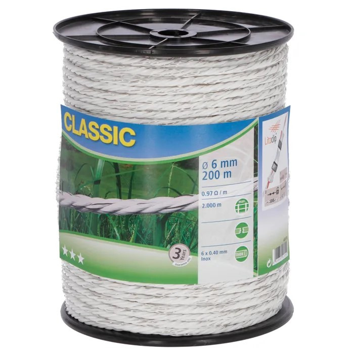 Kerbl Classic afrasteringskoord, 6mm wit, 200m, 6x0,40 Niro 