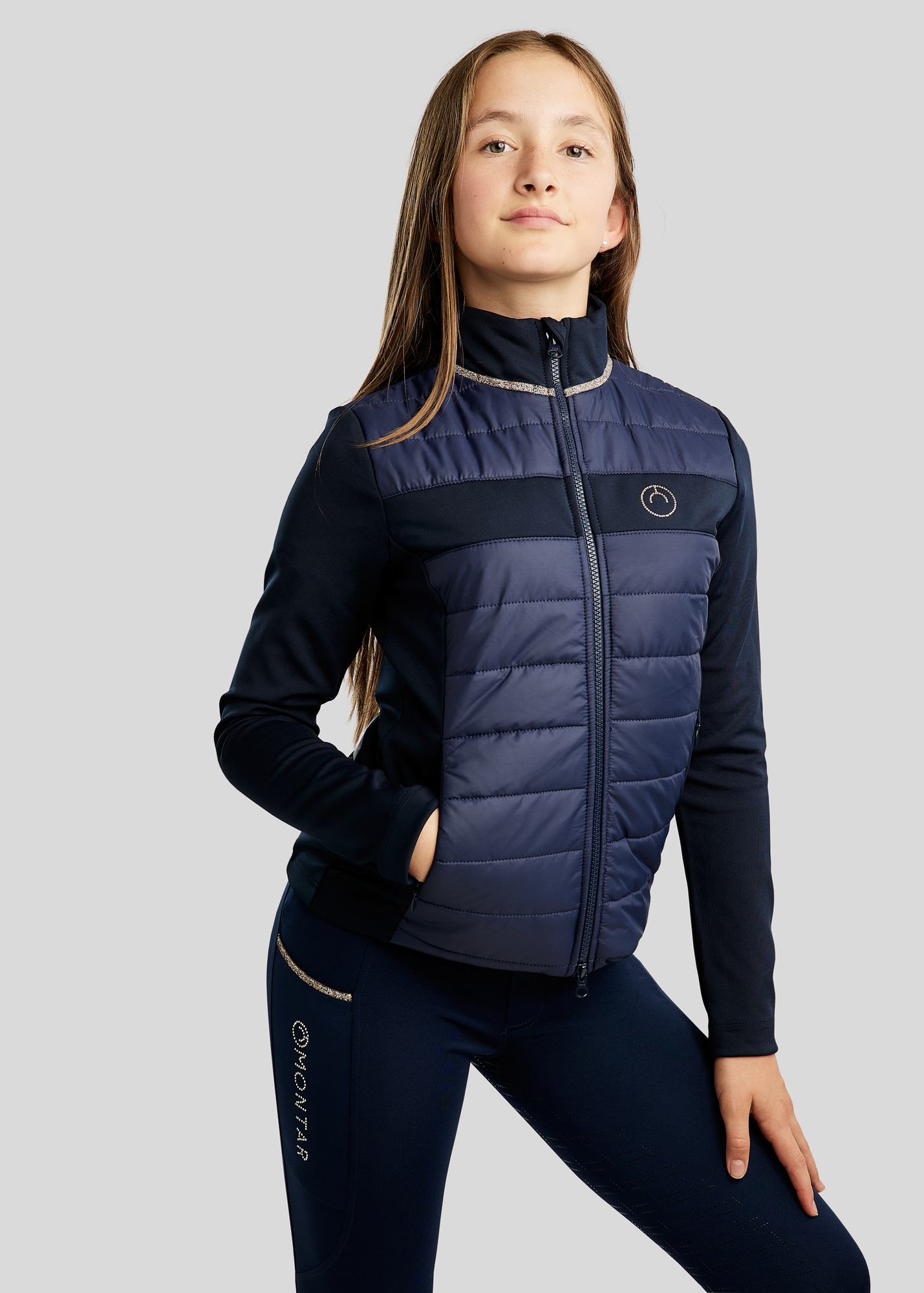 Montar SS26 Junior MoLila Hybrid Jacket w. Champagne Crystal tape and Crystals Navy