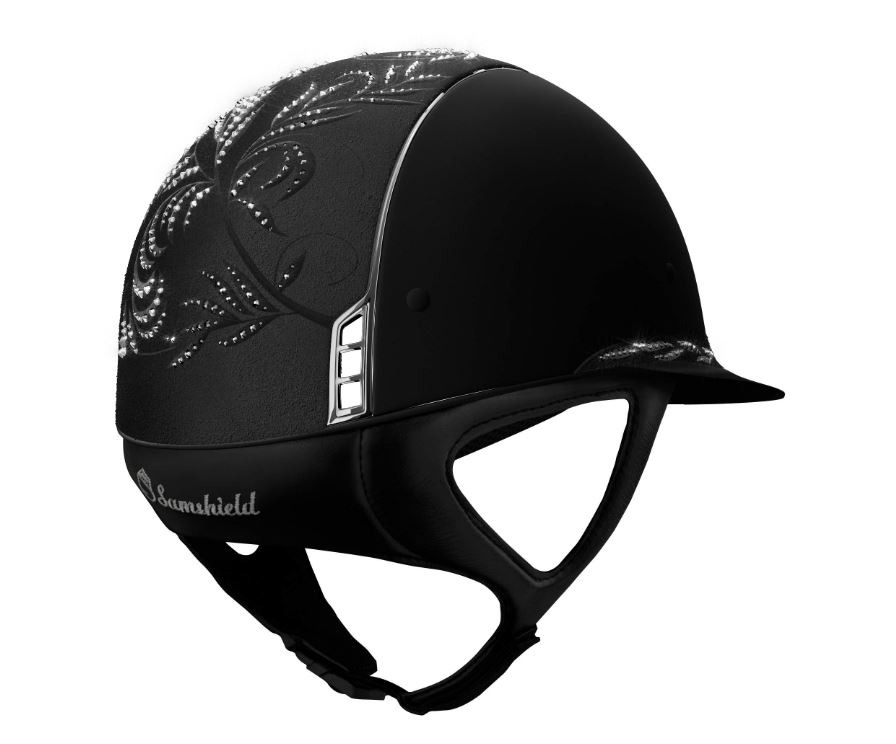 Samshield Miss Shield black Flower Swarovski top and frontal band, silver trim, blason