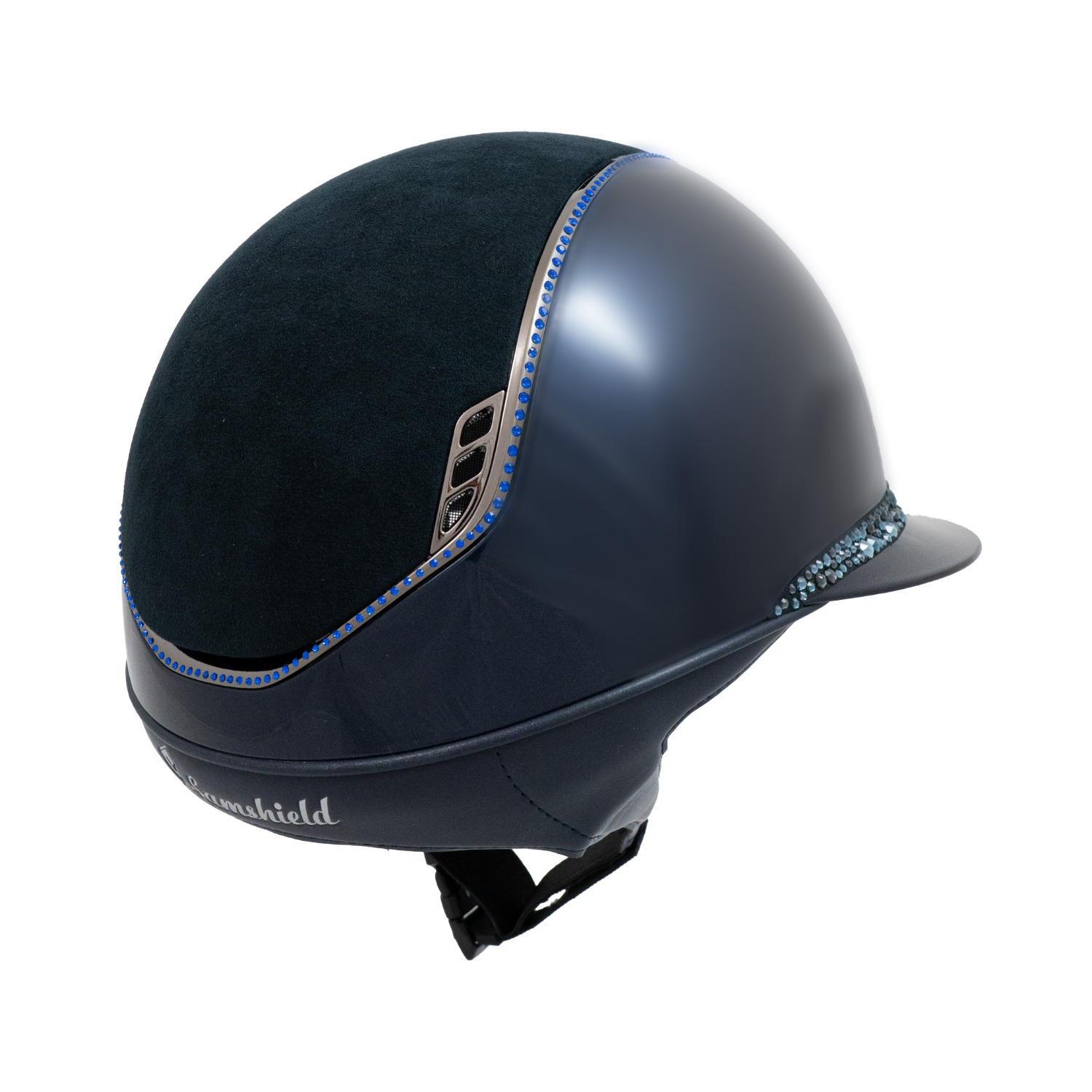 Samshield 2.0 Miss Shield Glossy Blauw Alcantara Top Glacier Blauw Frontalband 300 SW Dark Blue Chrome Black Blazon