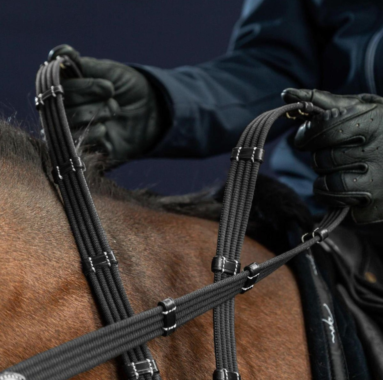 Dyon 5/8 Webband teugels met 9 leren passanten US Jumping Collection