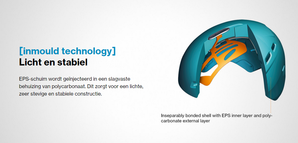 Uvex Inmould Technology EPS-schuim wordt geïnjecteerd in een slagvaste behuizing van polycarbonaat. Dit zorgt voor een lichte, zeer stevige en stabiele constructie.